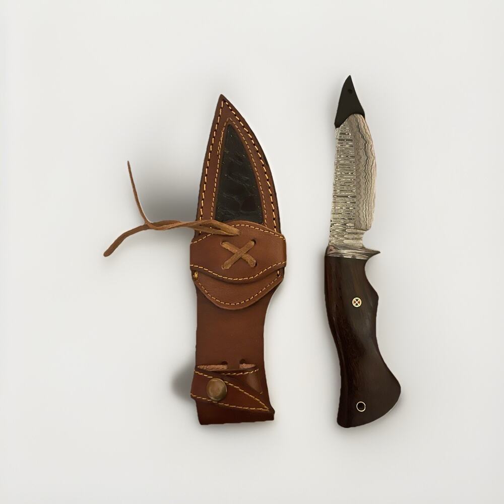 Custom Handmade Damascus Steel Bowie Hunting Knife Rose Wood Handle W/ Sheath